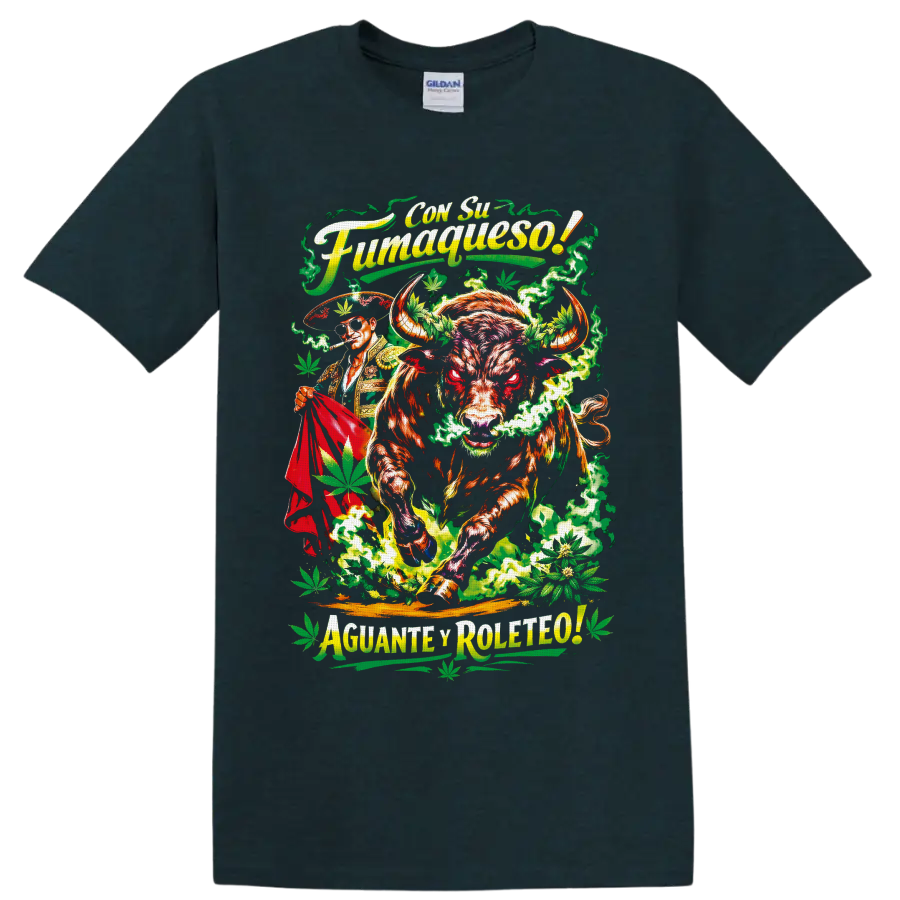 Charging bull and matador with cannabis leaves, green smoke, and Spanish-style lettering on a Midnight (Green) T Shirt