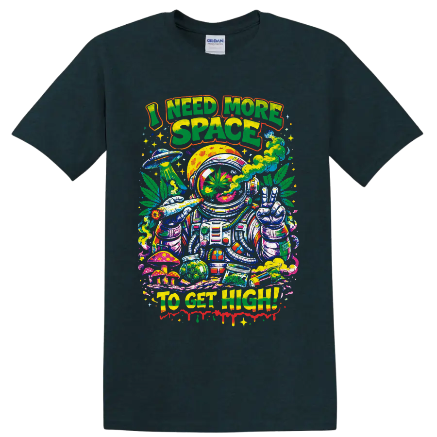 Psychedelic cannabis astronaut with peace sign, UFO, mushrooms, and I Need More Space text on a Midnight (Green) T Shirt