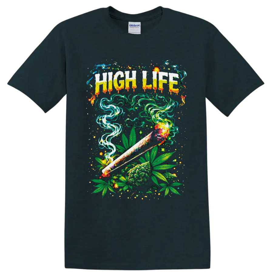 High Life psychedelic cannabis graphic with rolled smoke, leaves, flower, and neon swirls on a Midnight (Green) T Shirt
