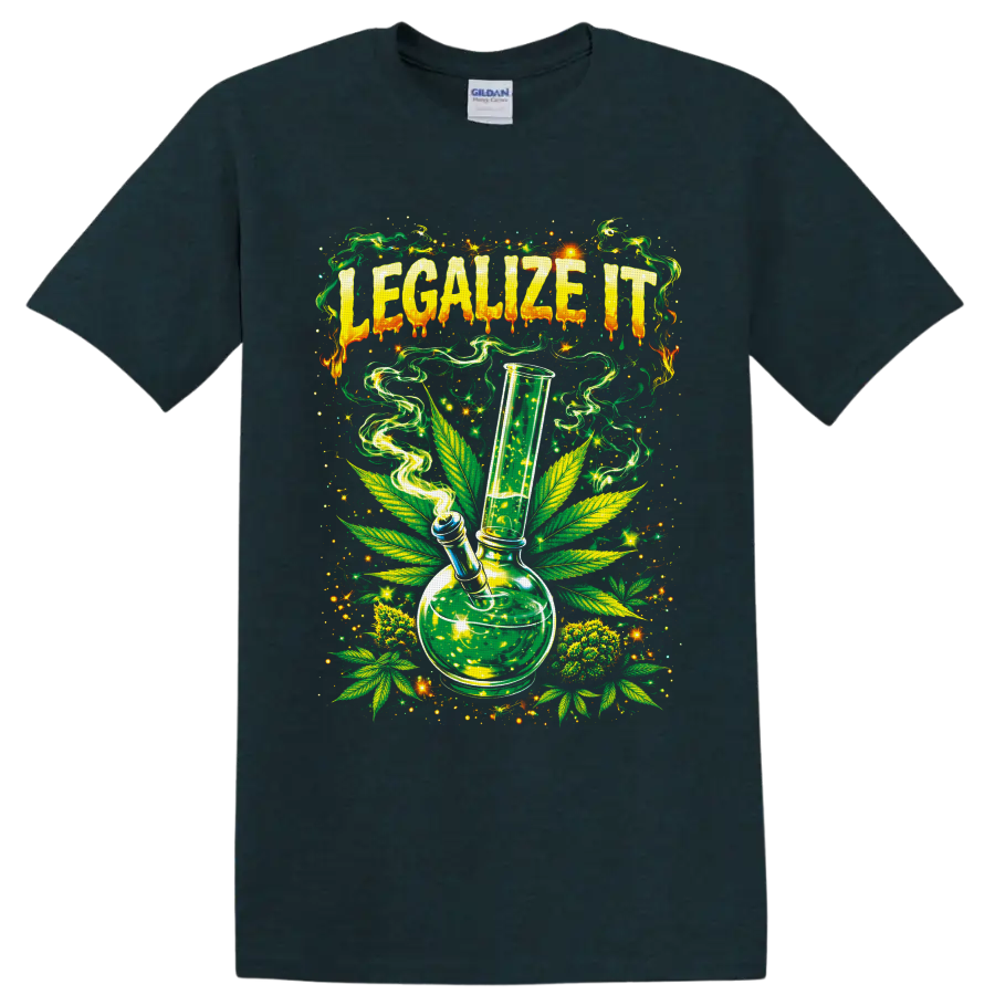 Legalize It psychedelic cannabis bong graphic with leaves, smoke, and starbursts on a Midnight (Green) T Shirt