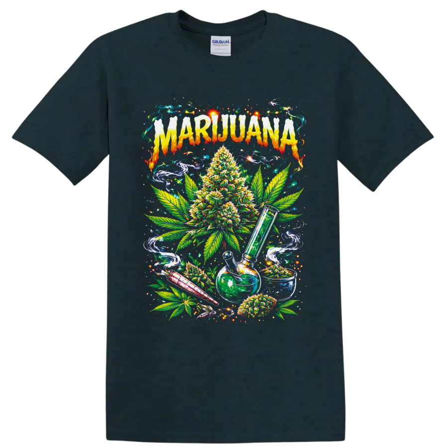 Psychedelic marijuana plant, leaves, glass water pipe, smoke swirls, and MARIJUANA text on a Midnight (Green) T Shirt