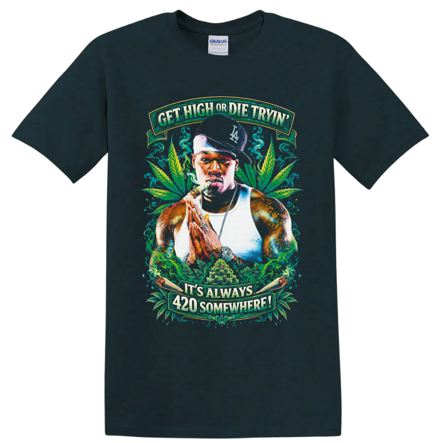 Stoner portrait with cannabis leaves, smoke, and It's Always 420 Somewhere banners on a Midnight (Green) T Shirt