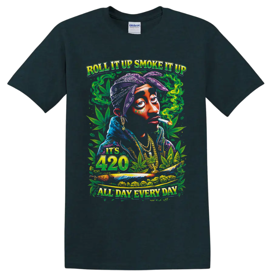 Psychedelic 420 smoker portrait with cannabis leaves and All Day Everyday text on a Midnight (Green) T Shirt