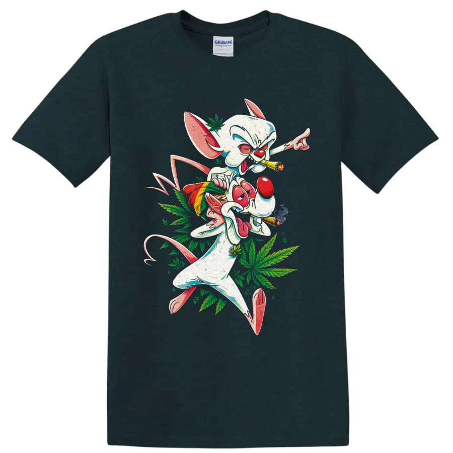 Pinky cartoon mouse smoking joints with snack bag and cannabis leaf graphic on a Midnight (Green) T Shirt