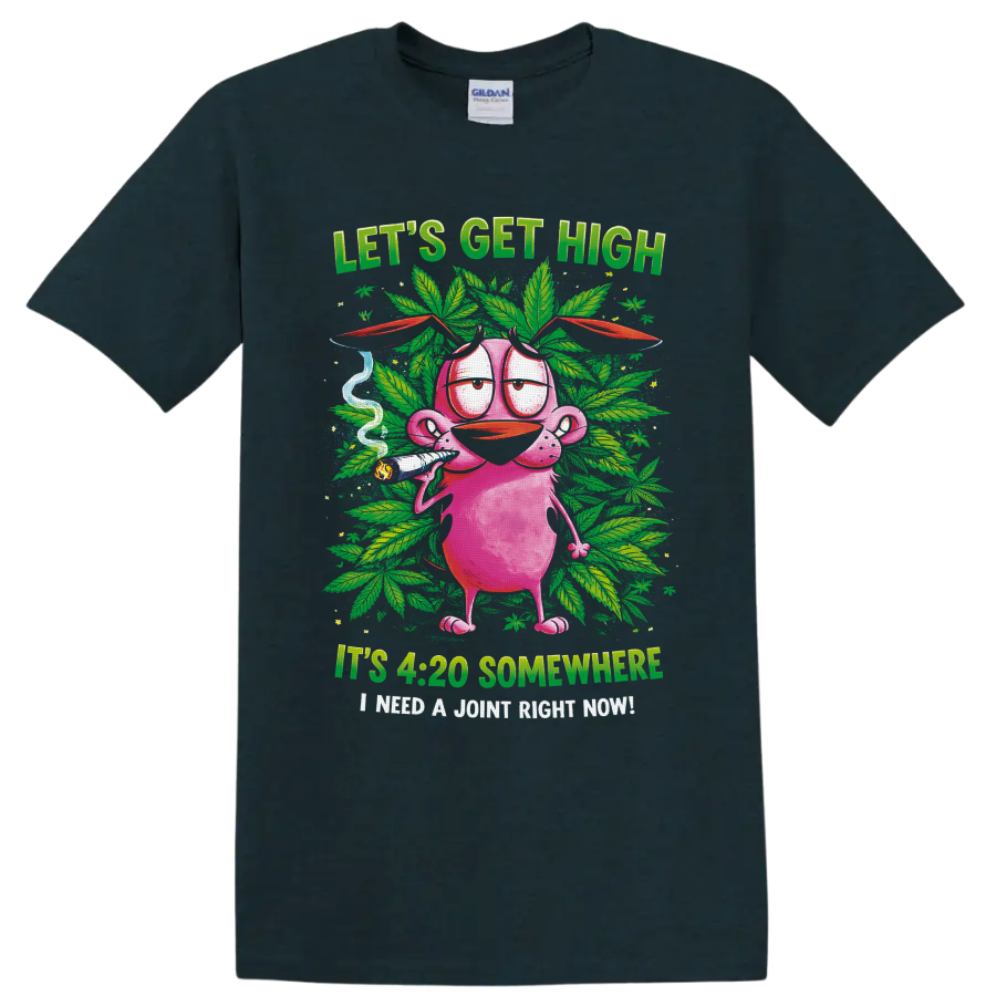 Pink cartoon character holding a joint amid cannabis leaves and 420 slogans on a Midnight (Green) T Shirt