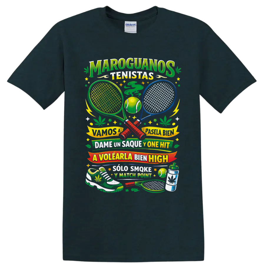 Retro cannabis tennis graphic with crossed rackets, ball, leaves, and Spanish wordplay on a Midnight (Green) T Shirt