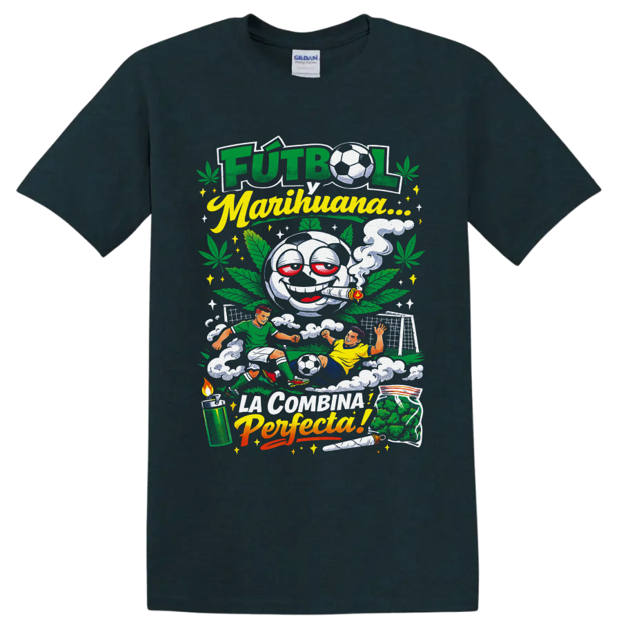 Smoking cartoon soccer ball with cannabis leaves, players, and Futbol y Marihuana text on a Midnight (Green) T Shirt