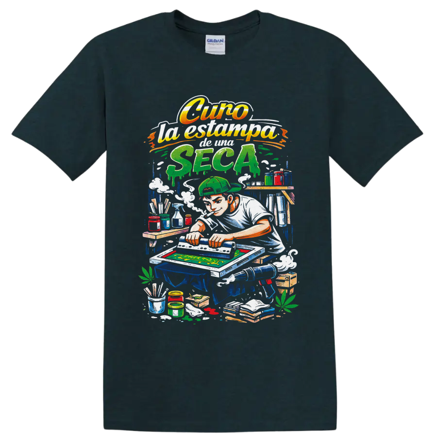Retro cannabis screen printer illustration with squeegee, inks, smoke, and leafy accents on a Midnight (Green) T Shirt