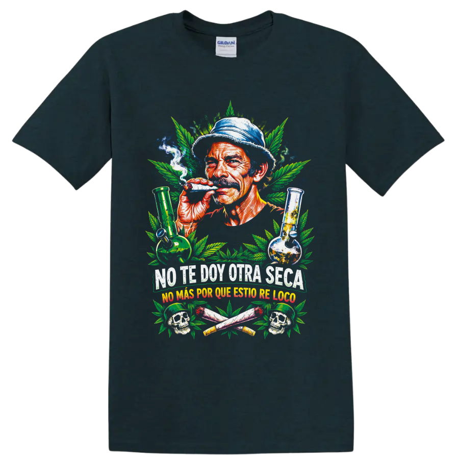 Smoking man with cannabis leaves, glass bongs, skulls, and Spanish slogans graphic on a Midnight (Green) T Shirt