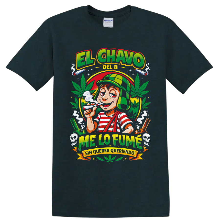 El Chavo del 8 cartoon with cannabis leaves, pipes, smoke, and Me Lo Fumé text on a Midnight (Green) T Shirt