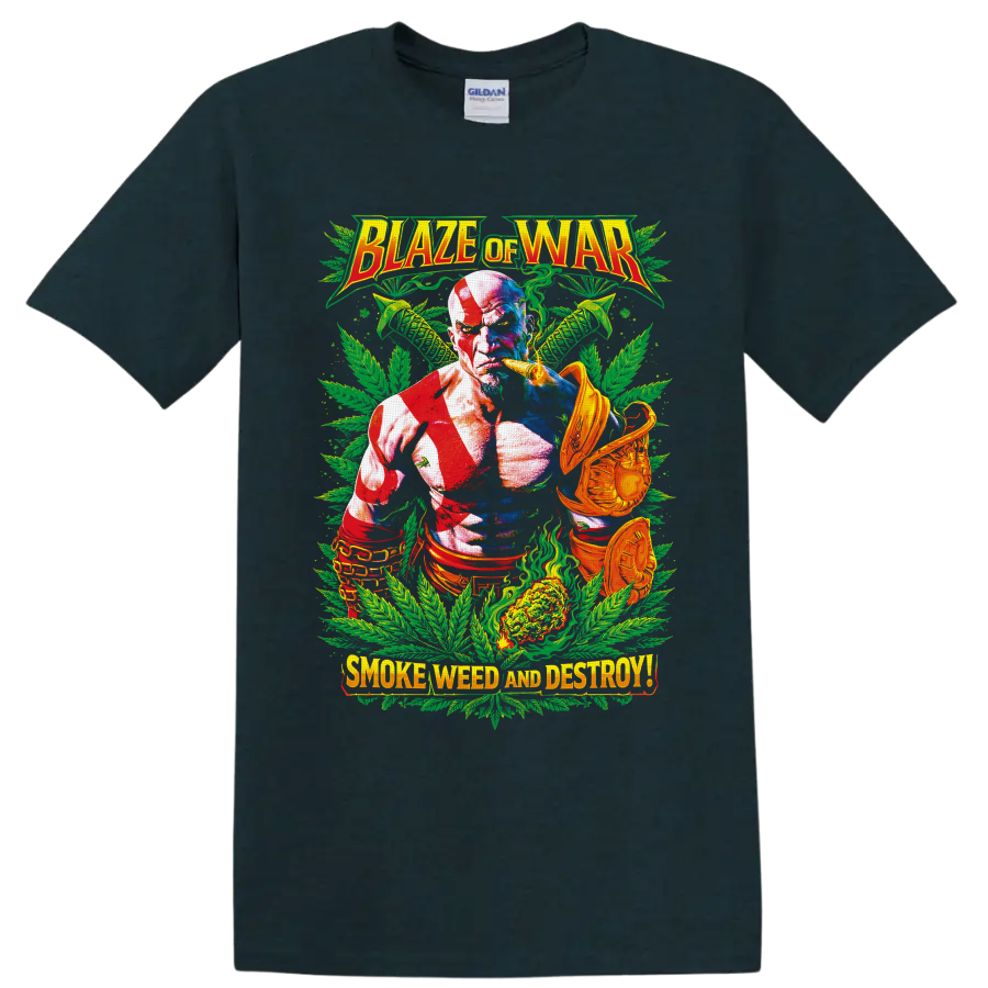 Kratos cannabis warrior graphic with green leaves and Blaze of War text on a Midnight (Green) T Shirt