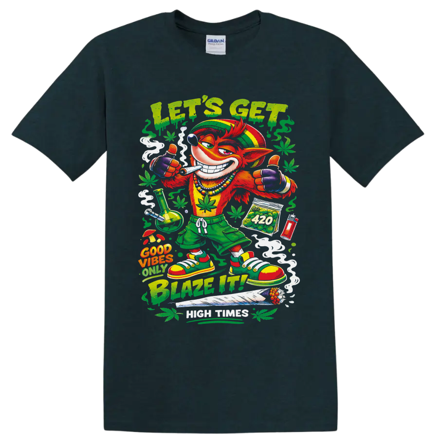Crash Bandicoot-inspired retro 420 cartoon with Let's Get Blazed text and cannabis leaves on a Midnight (Green) T Shirt