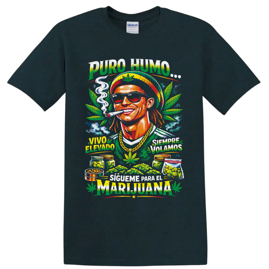 Colorful 420 cannabis graphic with smiling smoker, sunglasses, leaves, and Spanish on a Midnight (Green) T Shirt