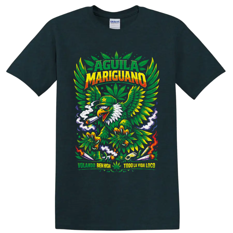 Cannabis eagle with leaf wings, lit rolled smoke, and psychedelic 420 artwork on a Midnight (Green) T Shirt