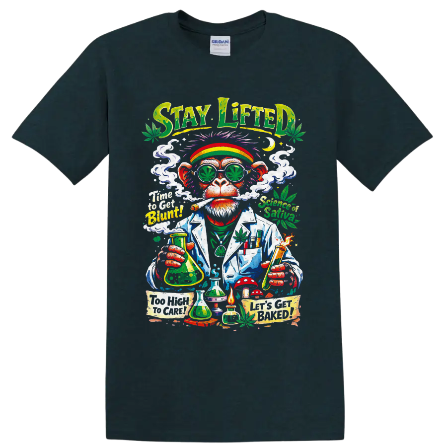 Psychedelic cannabis ape scientist graphic with leaf glasses, smoke, and lab glassware on a Midnight (Green) T Shirt