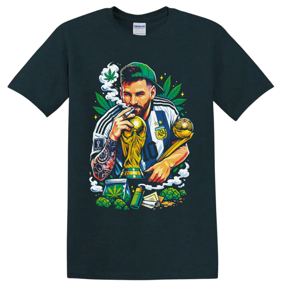 Colorful number 10 soccer champion with gold trophies, cannabis leaves, and smoke on a Midnight (Green) T Shirt