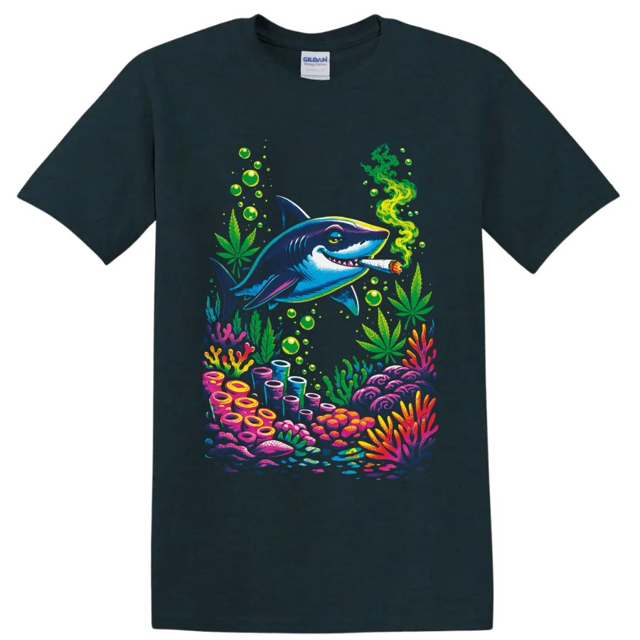 Psychedelic blue shark with cannabis leaves, green smoke, bubbles, and colorful coral reef on a Midnight (Green) T Shirt
