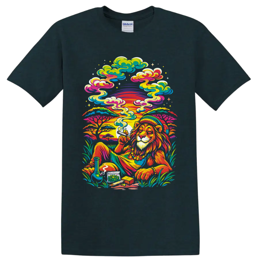 Psychedelic cannabis lion with sunset, smoke, water pipe, buds, and swirling clouds on a Midnight (Green) T Shirt