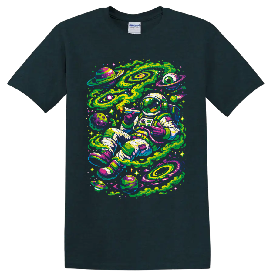 Psychedelic astronaut smoking a joint among neon galaxies, planets, and stars on a Midnight (Green) T Shirt