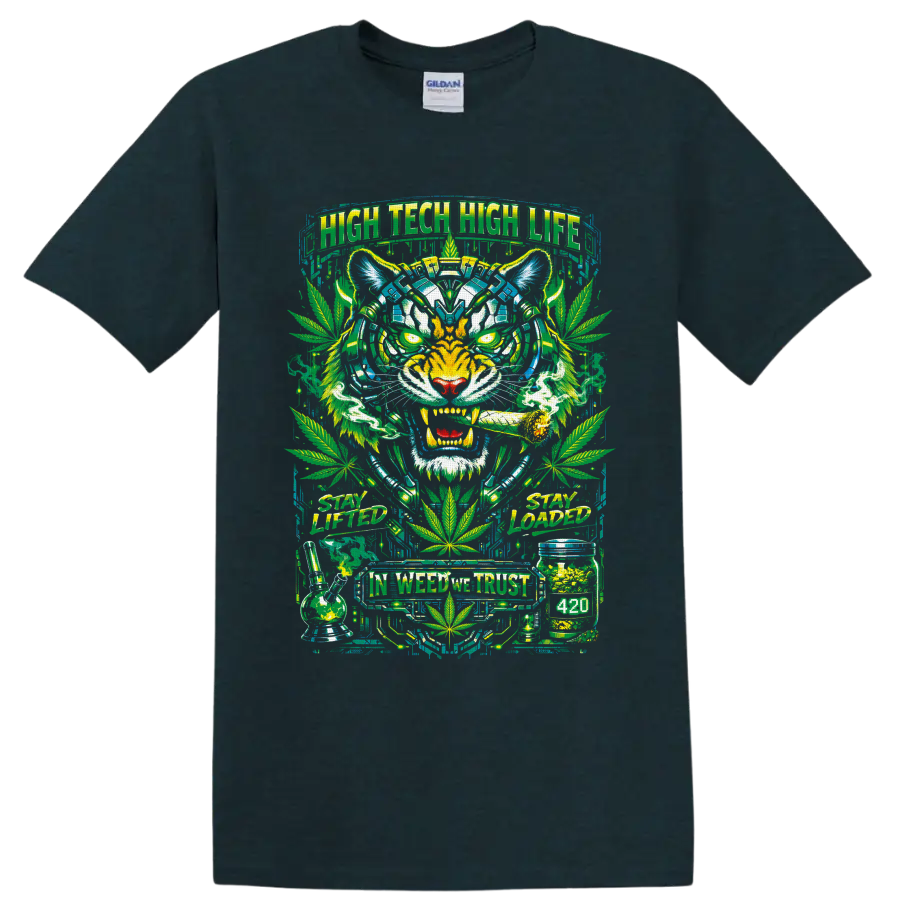 Neon cyberpunk tiger with cannabis leaves, bong, jar, and 420 street-art text on a Midnight (Green) T Shirt