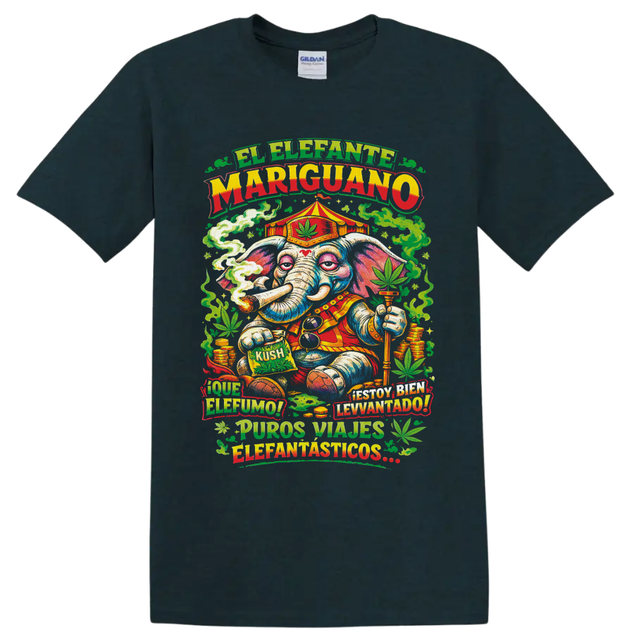 Psychedelic cannabis circus elephant with smoke, leaves, coins, and Spanish text on a Midnight (Green) T Shirt