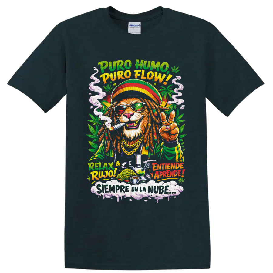 Rasta-style lion in cannabis leaf shades with smoke, peace sign, and Spanish 420 text on a Midnight (Green) T Shirt