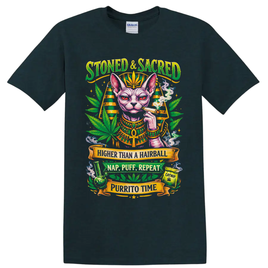 Egyptian-inspired Sphynx cat cannabis graphic with Stoned & Sacred banner text on a Midnight (Green) T Shirt