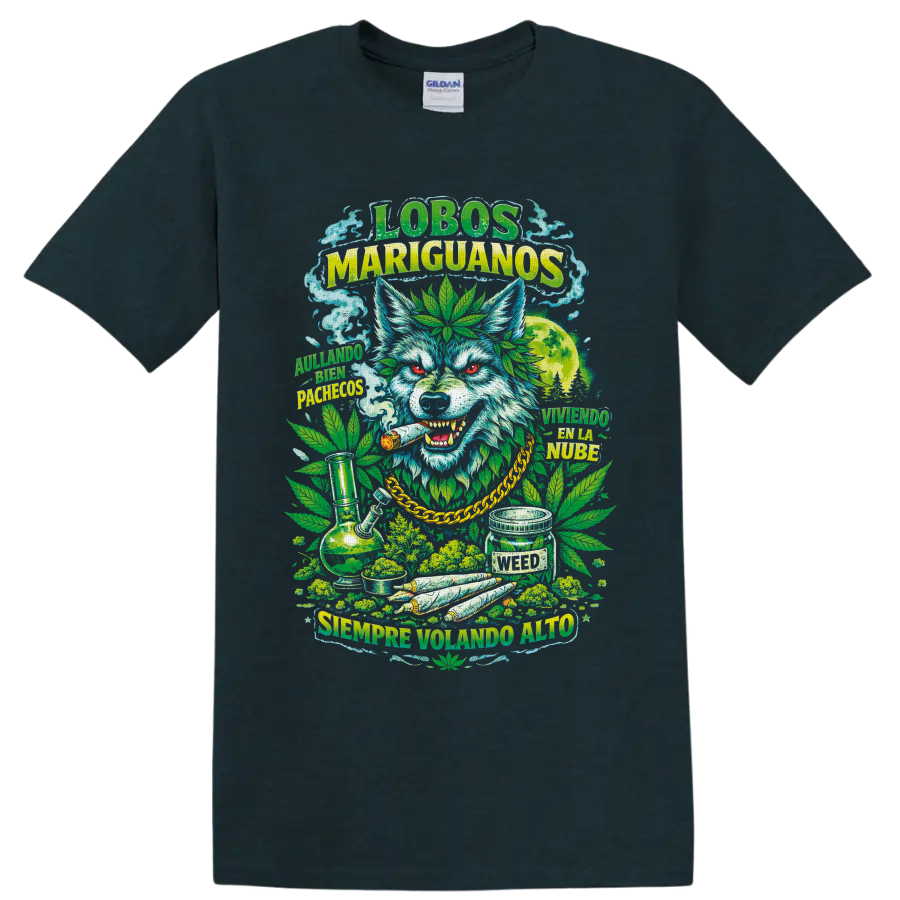 Psychedelic cannabis wolf with marijuana leaves, moon, smoke, and Spanish lettering on a Midnight (Green) T Shirt