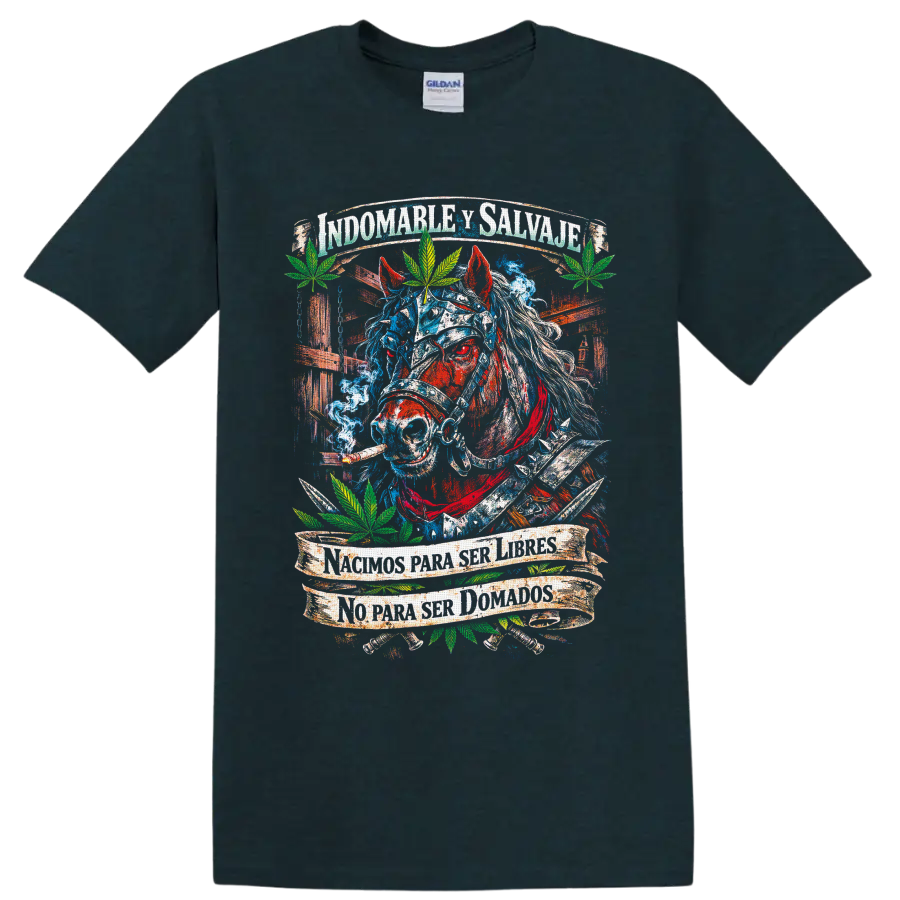 Distressed blue and red horse with cannabis leaves and Spanish freedom banners on a Midnight (Green) T Shirt
