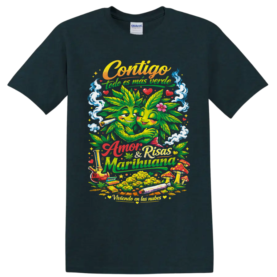 Psychedelic hugging cannabis leaf couple with mushrooms, smoke, hearts, and Spanish on a Midnight (Green) T Shirt