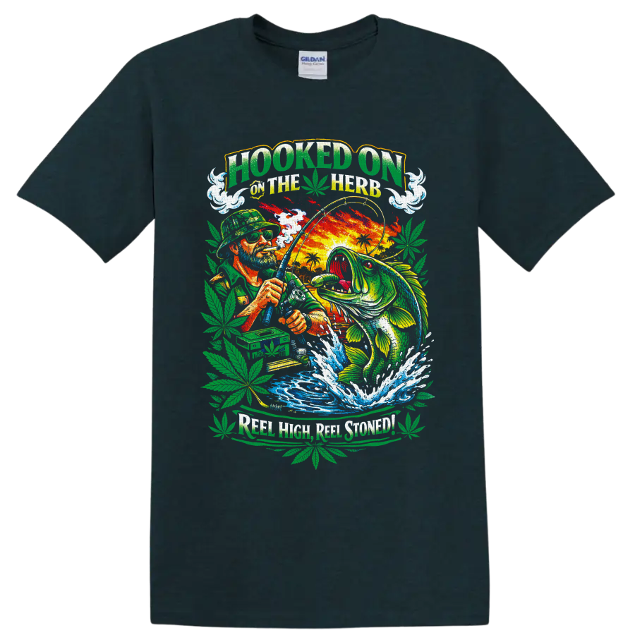 Bass angler and leaping fish in colorful cannabis fishing graphic with Hooked on the Herb on a Midnight (Green) T Shirt