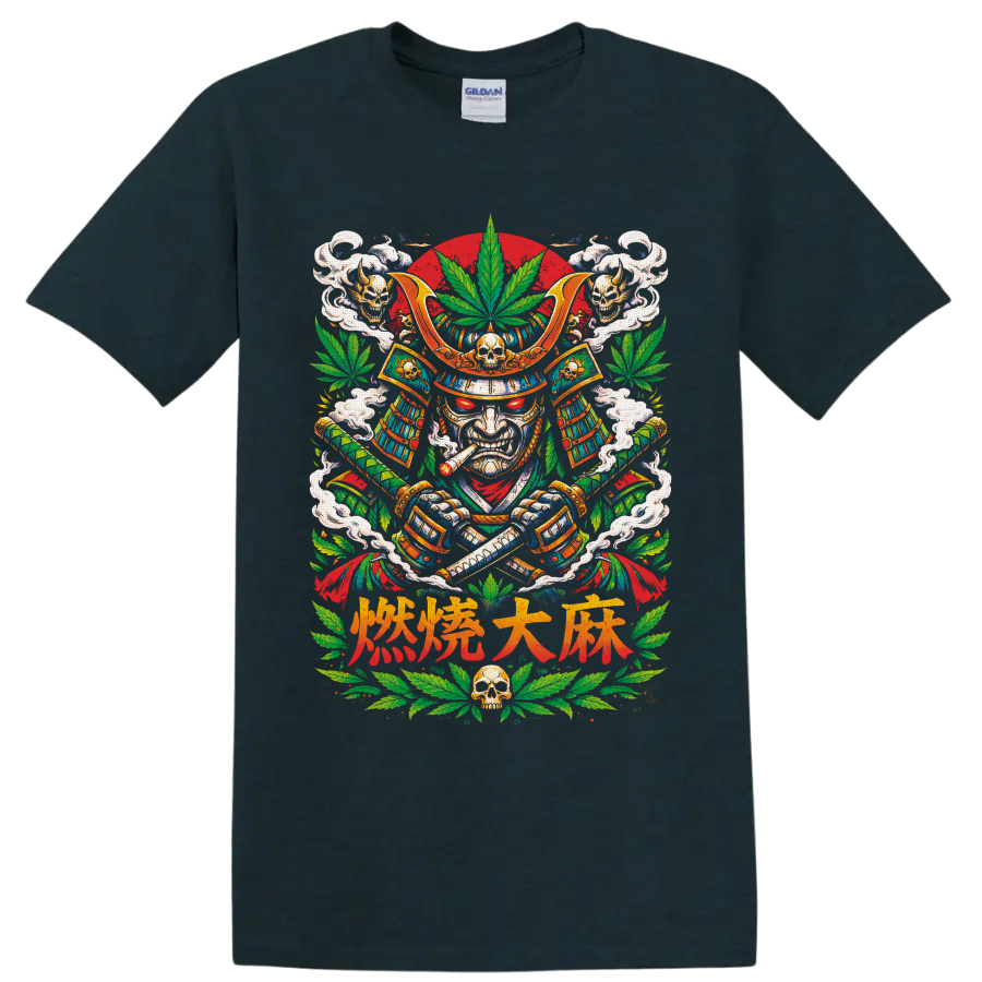 Cannabis samurai warrior graphic with katana swords, skulls, smoke, and leaves on a Midnight (Green) T Shirt