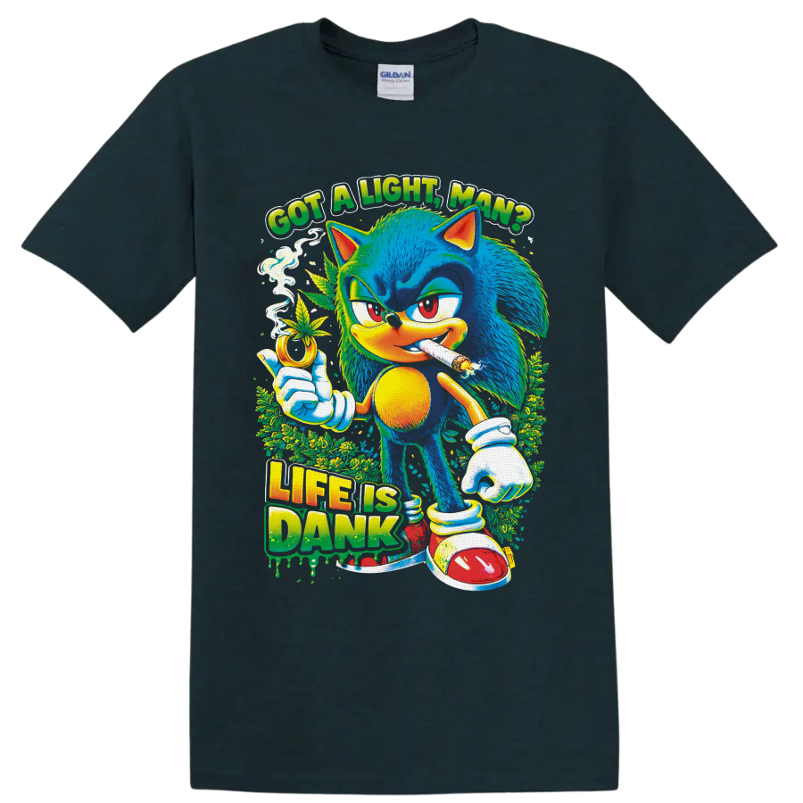 Psychedelic Sonic the Hedgehog 420 cannabis art with Got a Light, Man? text on a Midnight (Green) T Shirt