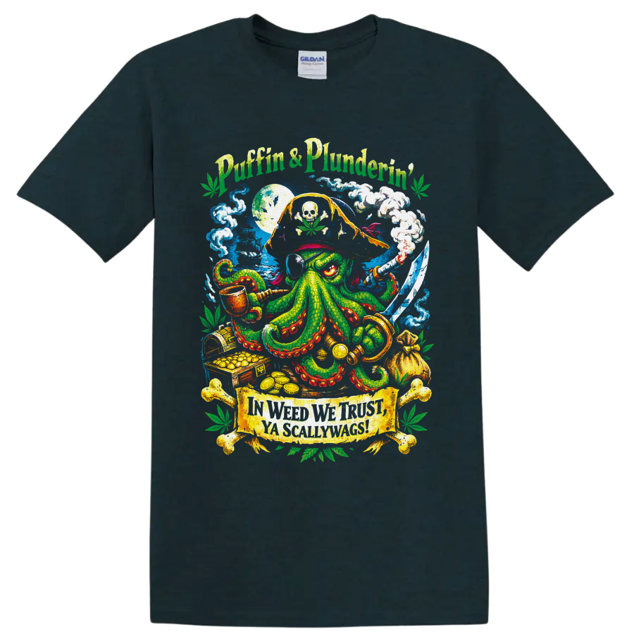 Cannabis pirate octopus with skull flag, sword, smoke, treasure, and Puffin' & Plunderin' on a Midnight (Green) T Shirt