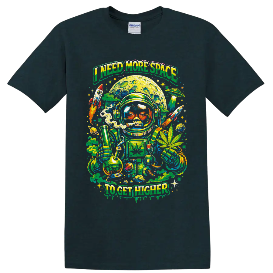 Psychedelic cannabis astronaut with moon, bong, rockets, and I Need More Space text on a Midnight (Green) T Shirt