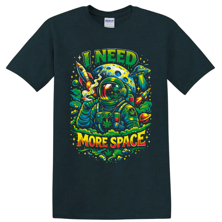 Psychedelic cannabis astronaut with rockets, UFO, and I Need More Space text on a Midnight (Green) T Shirt