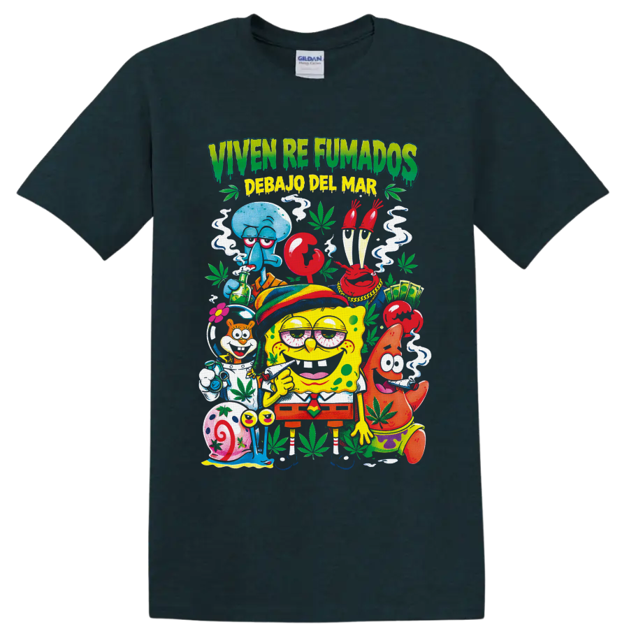SpongeBob and Bikini Bottom friends in a colorful 420 cannabis cartoon collage on a Midnight (Green) T Shirt