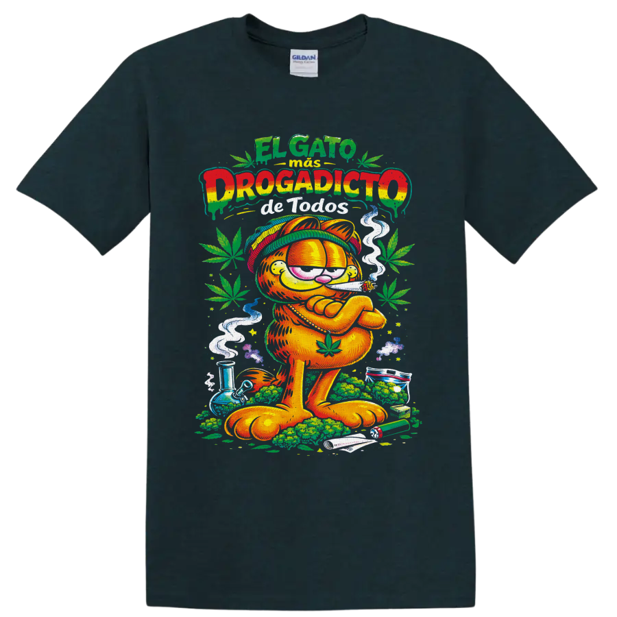 Garfield 420 Rastafari cartoon with cannabis leaves, smoke, and Spanish lettering on a Midnight (Green) T Shirt