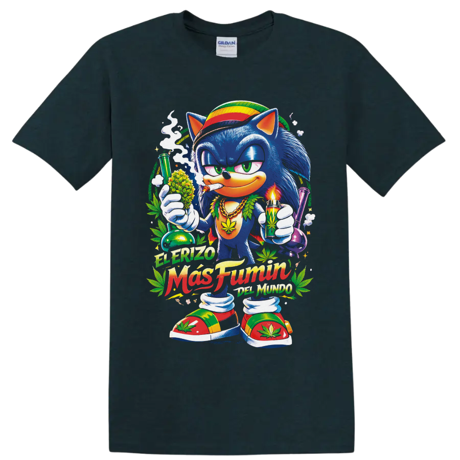 Blue cartoon hedgehog with cannabis leaves, glass pipes, and El Erizo Más Fumón text on a Midnight (Green) T Shirt