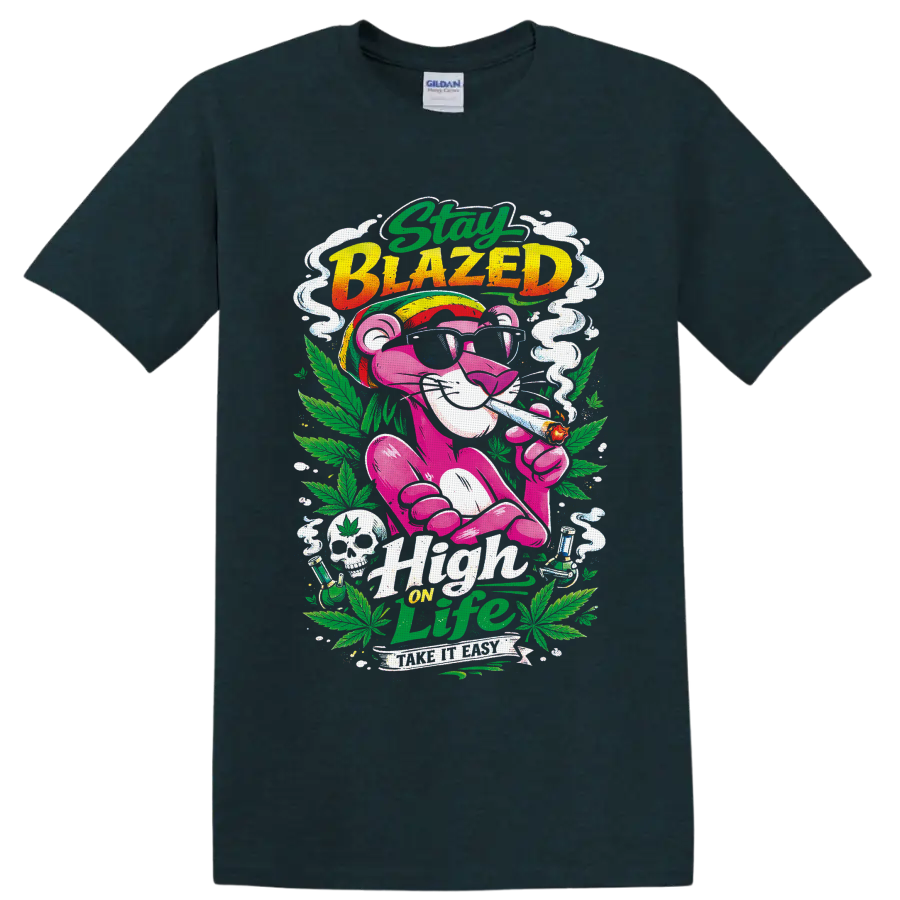 Retro pink smoking cat with cannabis leaves, Stay Blazed and High on Life text on a Midnight (Green) T Shirt