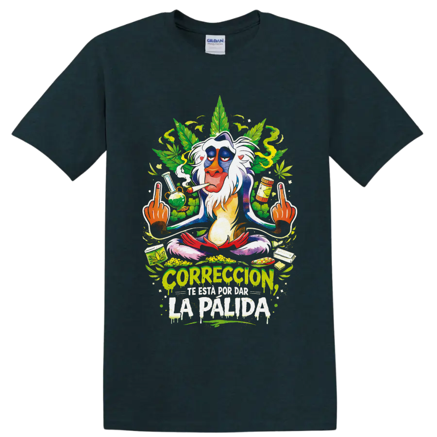 Psychedelic mandrill cannabis graphic with leaves, smoke, pipe, and dripping Spanish on a Midnight (Green) T Shirt