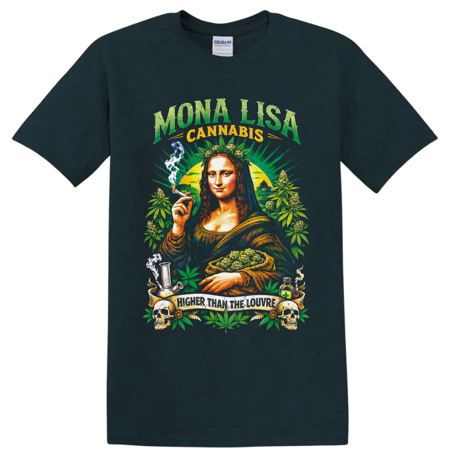 Mona Lisa cannabis collage with buds, leaves, skulls, smoke, and Higher Than the Louvre on a Midnight (Green) T Shirt