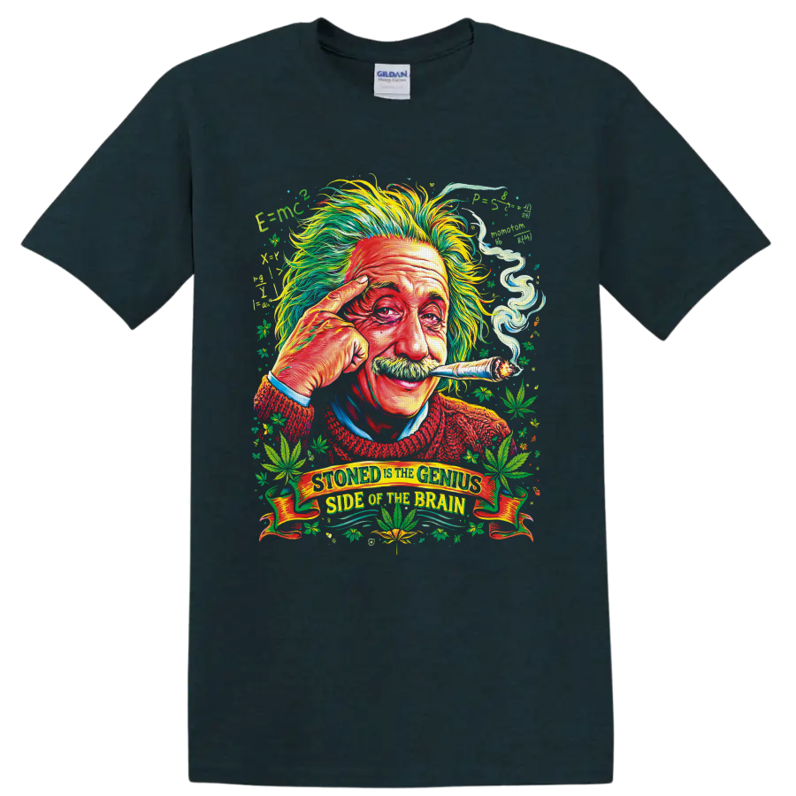 Psychedelic Albert Einstein portrait with cannabis leaves and smoke on a Midnight (Green) T Shirt