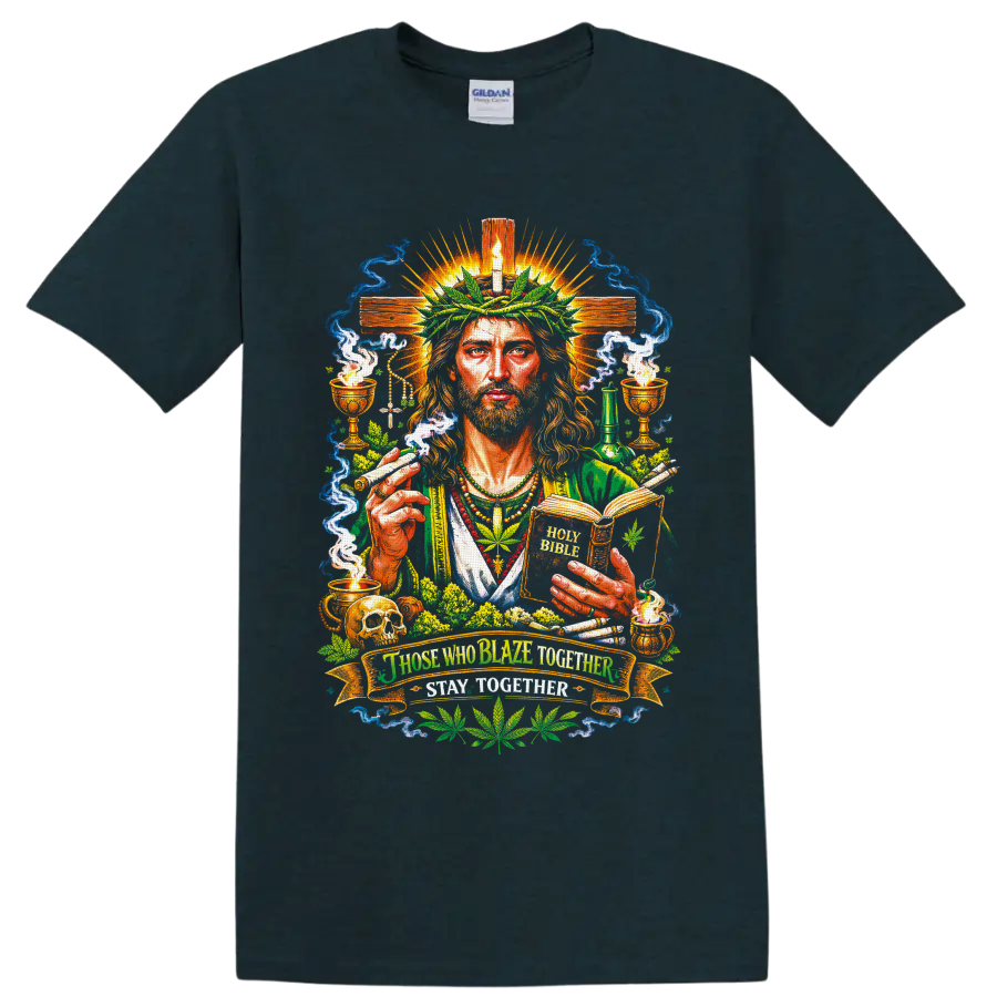 Psychedelic Cannabis Jesus with leaf crown, Holy Bible, cross, smoke, and chalices on a Midnight (Green) T Shirt