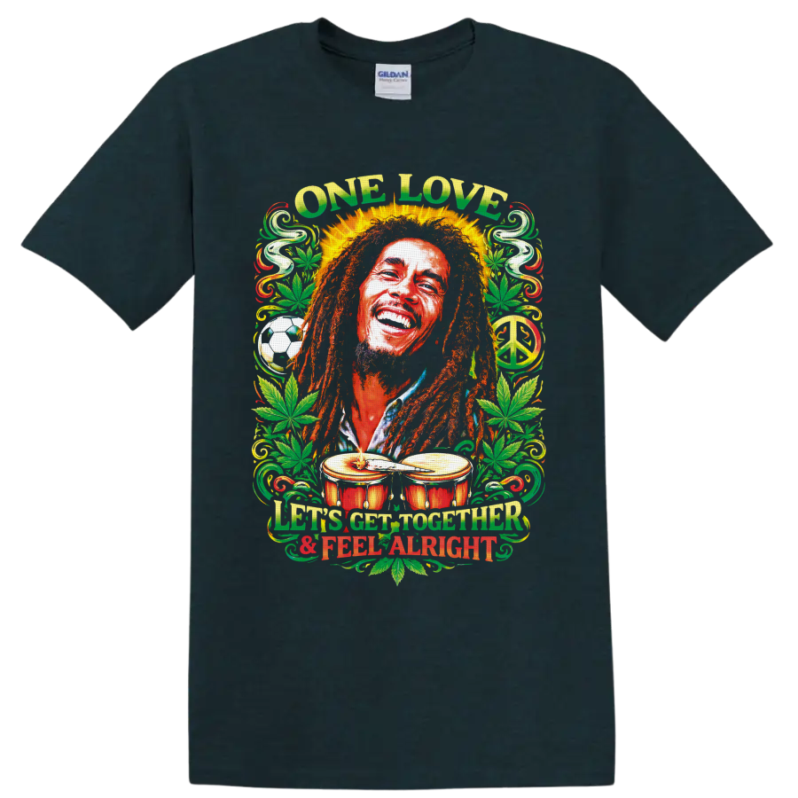Bob Marley reggae portrait with One Love text, cannabis leaves, drums, and peace sign on a Midnight (Green) T Shirt