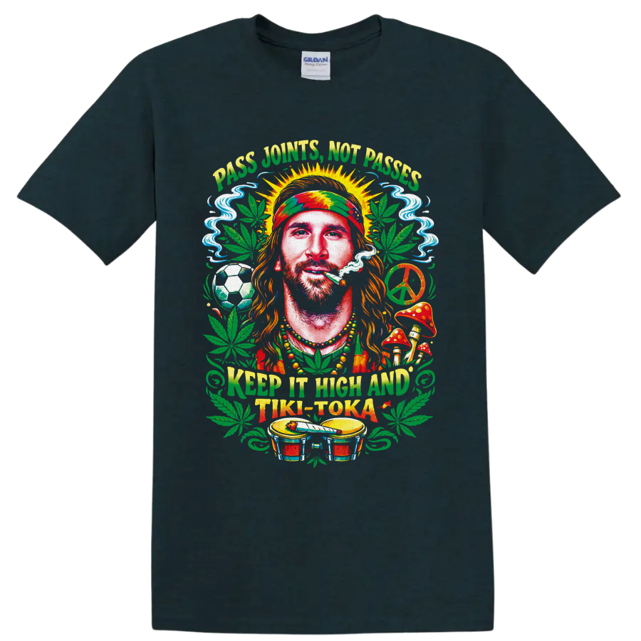Rasta-style cannabis portrait with soccer ball, peace sign, bongos, and Tiki-Toka text on a Midnight (Green) T Shirt