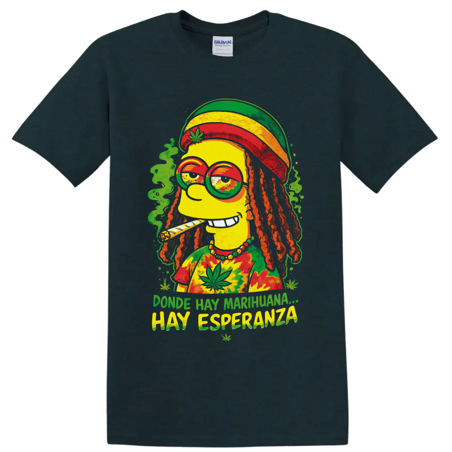 Homer Simpson rasta cannabis cartoon with dreadlocks and Spanish 420 text on a Midnight (Green) T Shirt