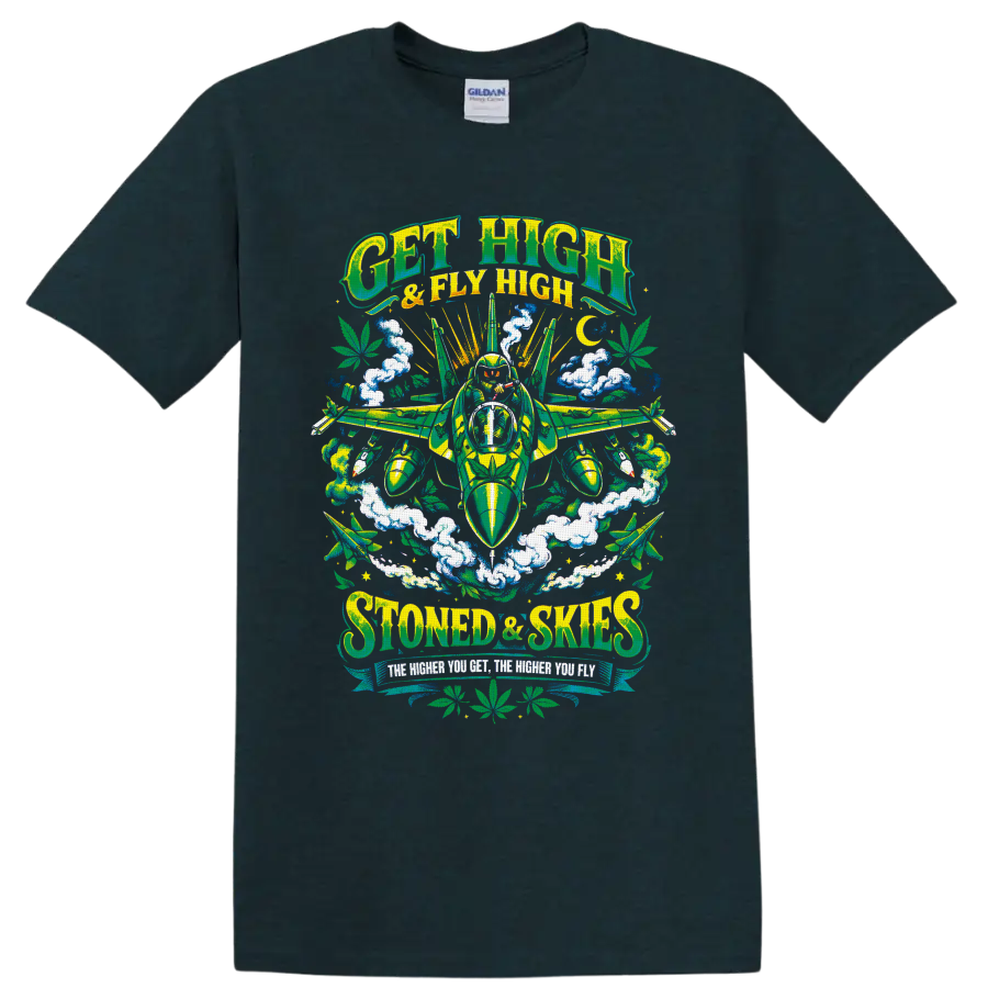 Get High & Fly High retro cannabis fighter jet with pilot, smoke clouds, and leaves on a Midnight (Green) T Shirt