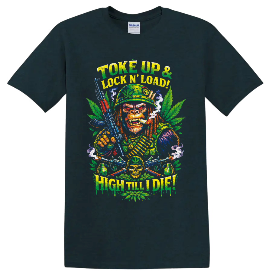 Psychedelic cannabis soldier monkey graphic with Toke Up and High Till I Die text on a Midnight (Green) T Shirt