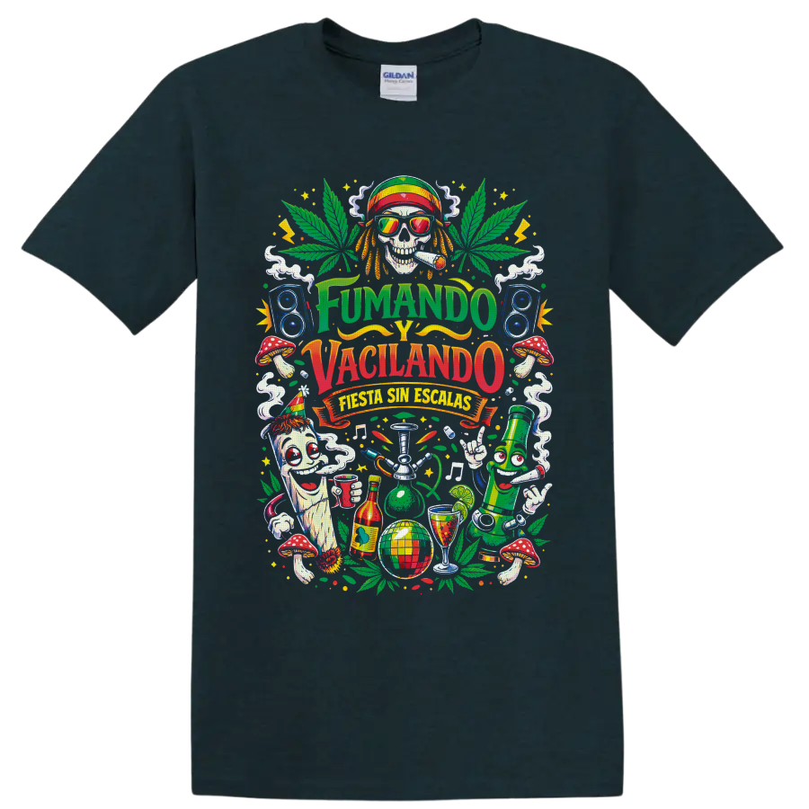 Psychedelic cannabis fiesta skull with speakers, mushrooms, and Fumando y Vacilando text on a Midnight (Green) T Shirt